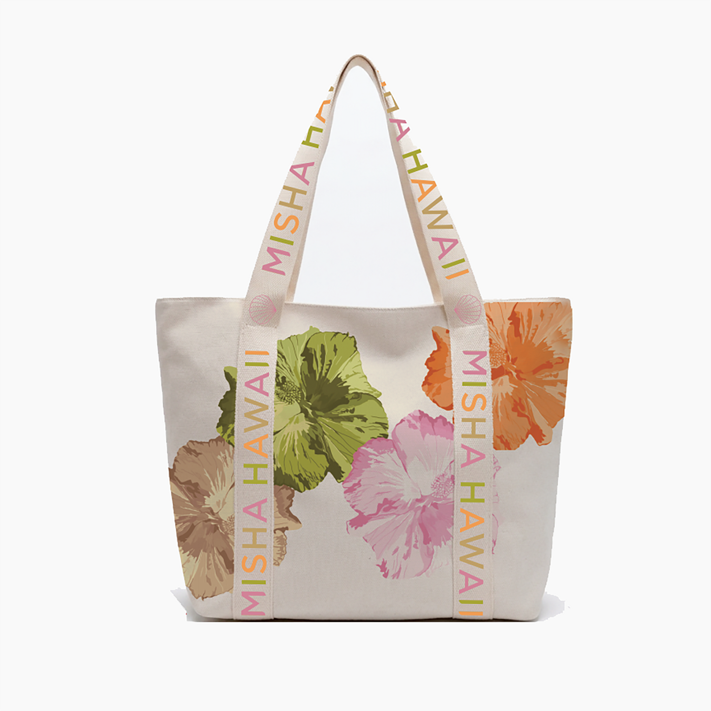 An off-white canvas tote bag with a tropical floral print in pink, green, orange, and brown, featuring colorful 'MISHA HAWAII' text printed along the handles and sides, set against a plain white background.
